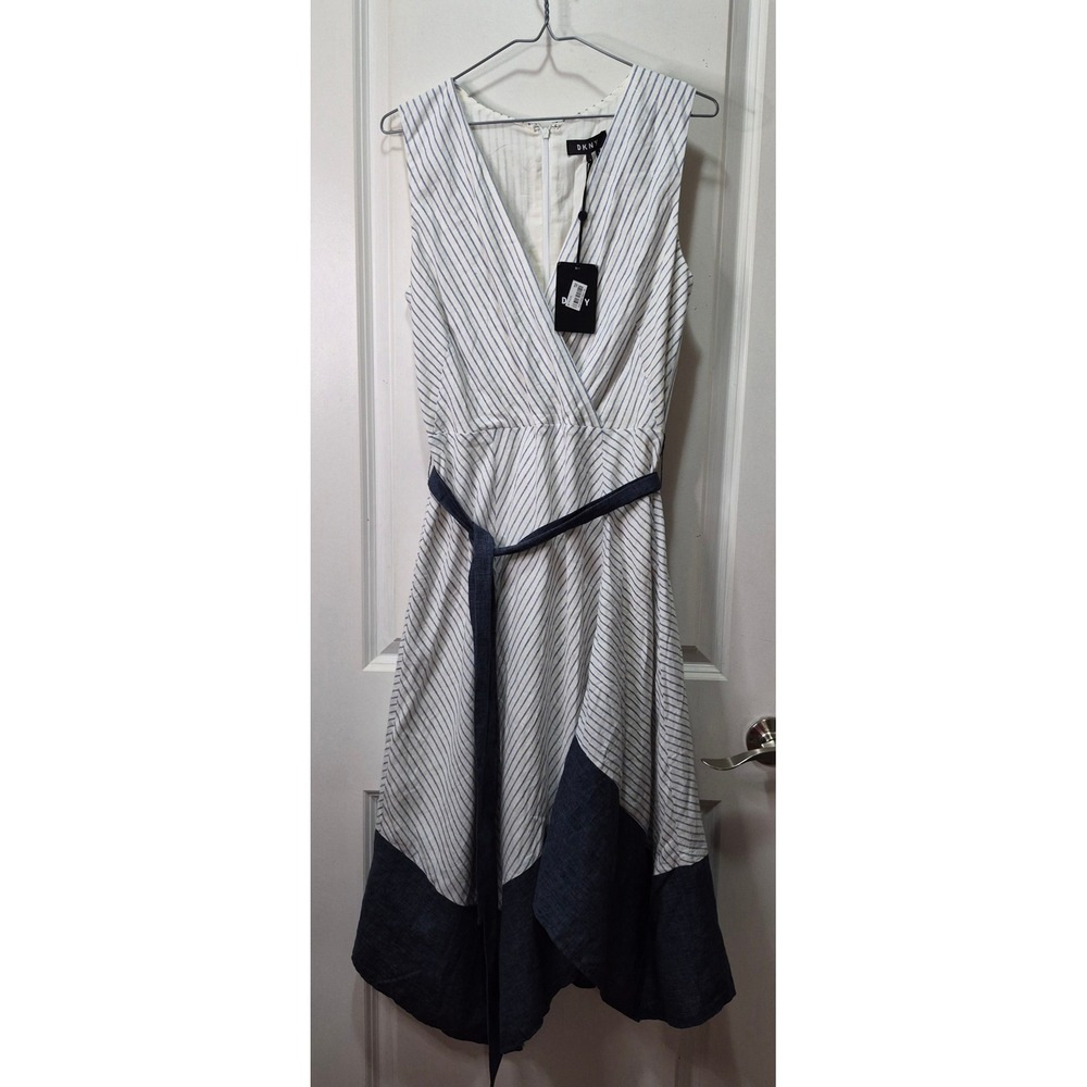 DKNY Womens Blue White Striped Linen Blend Handkerchief Hem Midi Dress Size4 NWT
